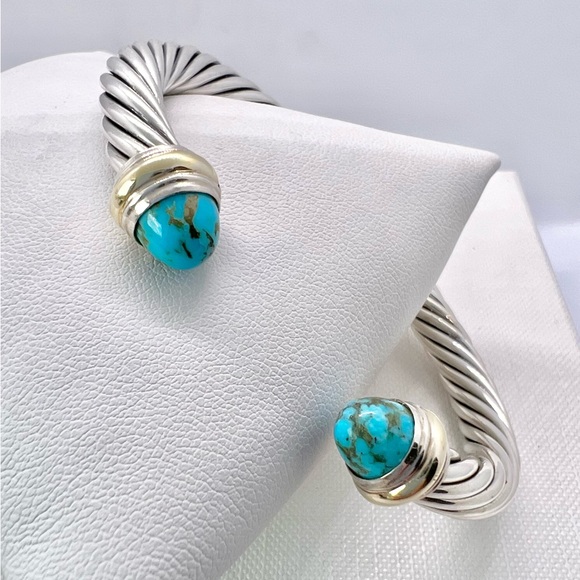 David Yurman Sterling Silver & 14K Gold Turquoise Cable Bracelet - Picture 10 of 14